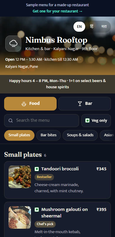 The Nimbus Rooftop menu on a phone
