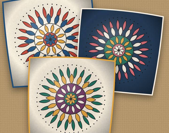 Three hand-painted cushion covers with mandalas in blue, pink and green, laid on a jute rug