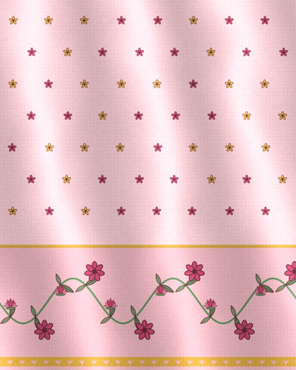 Blush pink georgette dupatta with small painted flowers and a border of flowering vine, edged in gold scallops
