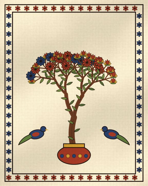 A Kalamkari-style tree of life painted on cream cotton: red and blue flowers, two birds and a red kalash, inside a flowered border