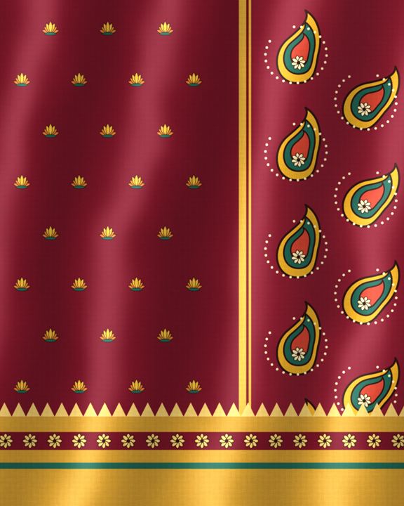 Maroon silk saree hand-painted with gold lotus butis, paisleys on the pallu and a gold temple border