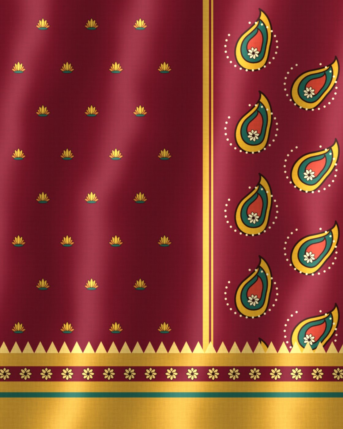 A maroon silk saree, hand-painted: gold lotus butis across the body, green and gold paisleys on the pallu, a gold temple border
