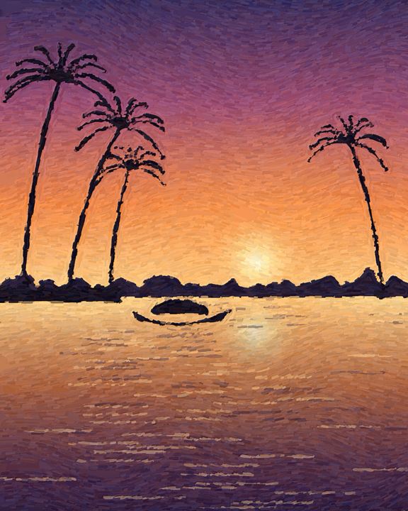 Painting: palm trees silhouetted over still backwaters at sunset, a country boat in the middle distance