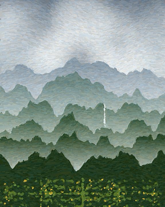 Painting: layered green ridges of the Western Ghats in monsoon mist, a thin waterfall on one slope