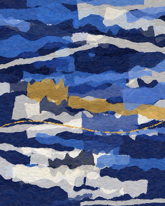 Abstract painting: broad palette-knife sweeps of indigo, cobalt and bone white crossed by a thin gold line
