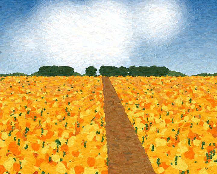 Painting: a field of orange and yellow marigolds under a blue sky, a dirt path running through it