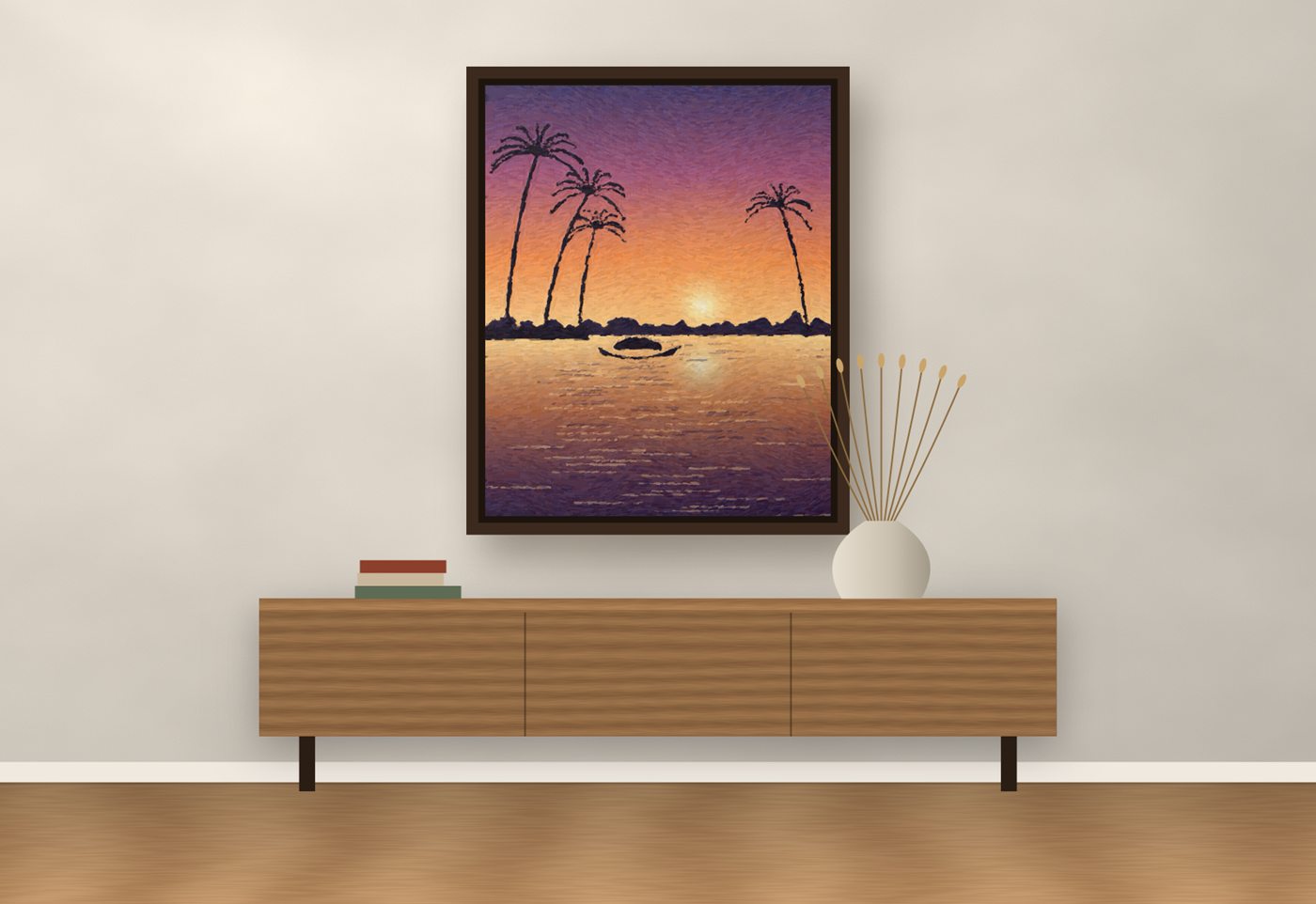 The painting Backwaters, Evening, framed in walnut and hung above an oak sideboard