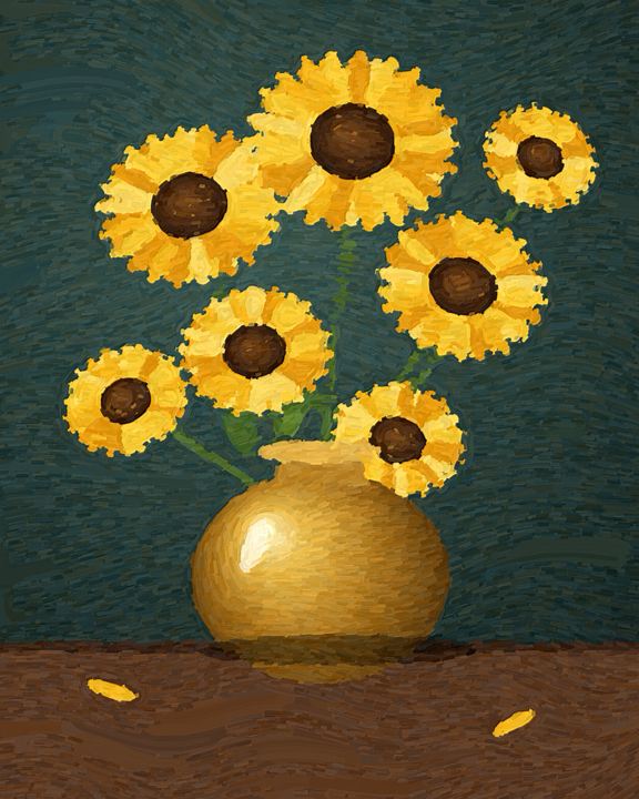 Still life: seven sunflowers in a round brass lota on a wooden table, against a dark green wall
