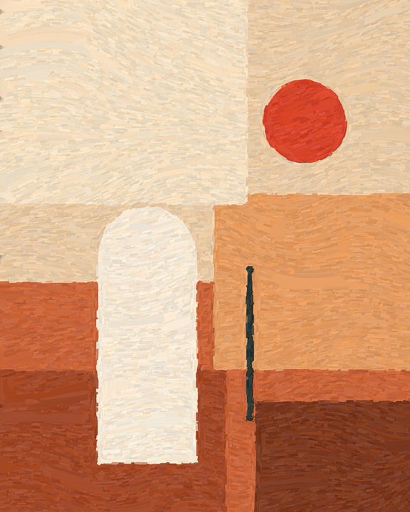 Abstract painting: warm terracotta and sand colour fields with a pale arch and a red sun