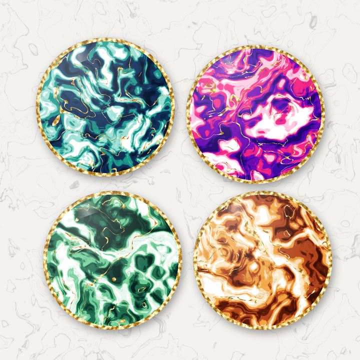 Four round resin coasters in teal, magenta, green and amber ink swirls with gold rims, on white marble