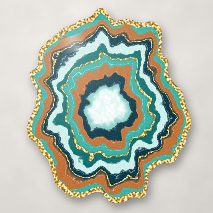 Teal and copper geode resin art with white crystal centre and gold lines