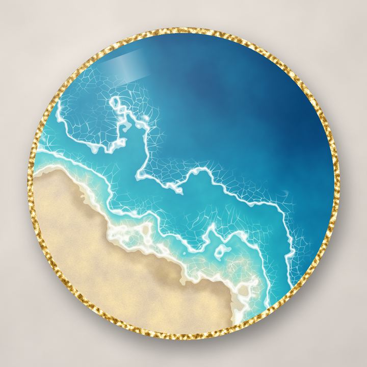 Round resin wall art: a sandy shore meeting turquoise and deep blue sea, with white wave lacing and a gold rim