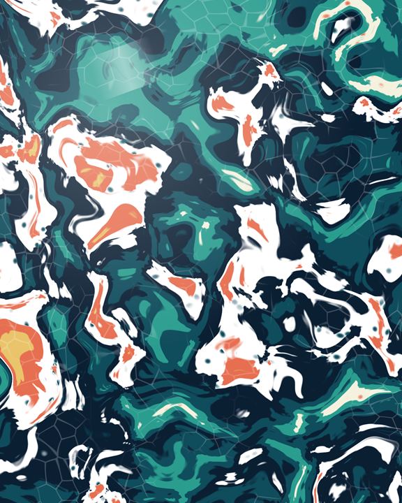 Fluid pour art in deep teal, cream, gold and coral with small cells opening in the pale bands