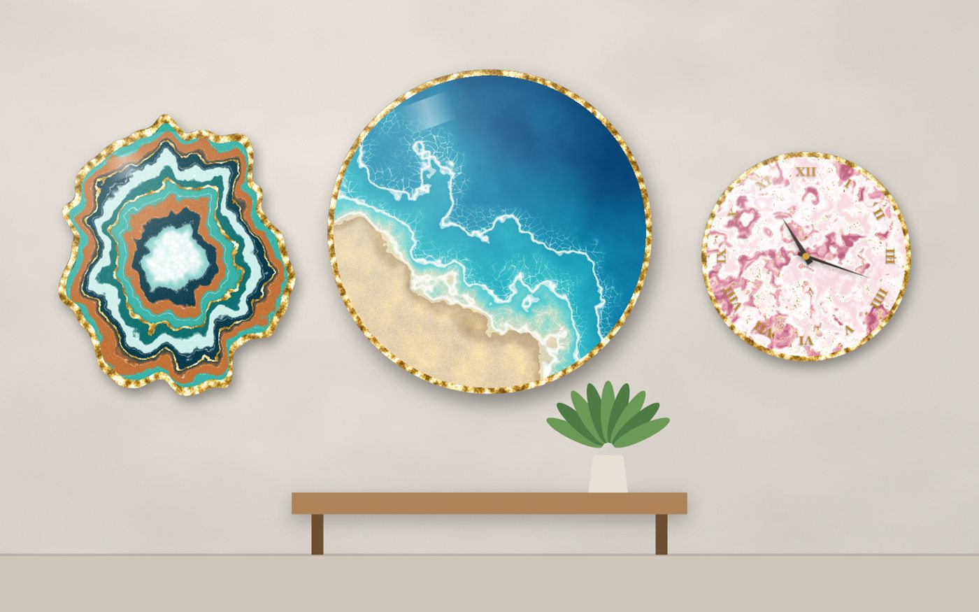 Three resin pieces hung on a pale wall: a teal agate geode, a round ocean wall piece with a gold rim, and a rose marble clock