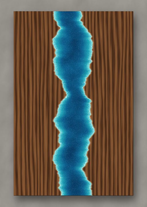 A live-edge walnut river table seen from above, a channel of blue resin running between the two slabs