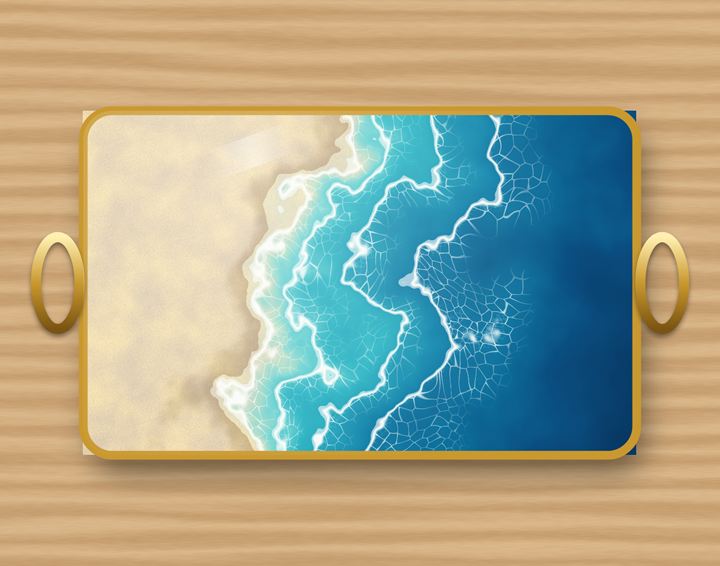 A rectangular resin serving tray painted as a beach and sea from above, with gold handles, on an oak table